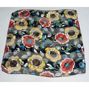 Vintage Space Age Scarf Black Floral Flower Print 20" Square Polyester Womens